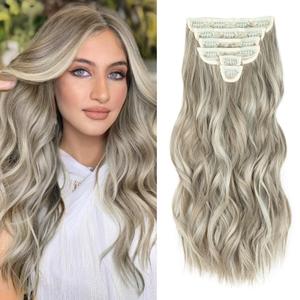 Fliace Clip in Hair Extensions, 6 PCS Natural & Soft Hair & Blends Well Hair Extensions, Lonng Wavy Hairpieces(20inch, 6pcs,Dark White)