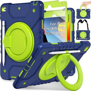 Case for iPad 9th/8th/7th Generation 10.2 inch, Shockproof Cover with Screen Protector/360° Rotating Handle/Bracket/Pen Holder/Shoulder Strap, Kids Case for iPad 2021/2020/2019 (Navy+Green)
