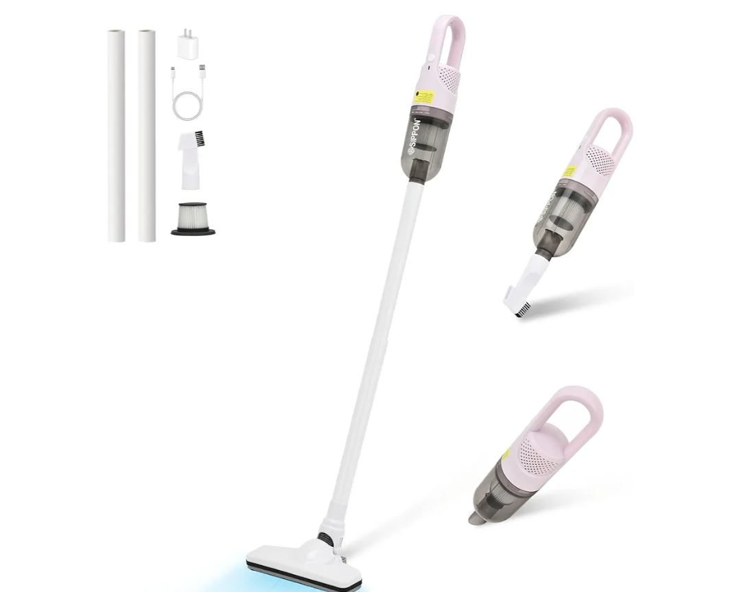 6-in-1 Lightweight Stick Vacuum Cleaner with 100W Powerful Motor, Mini Portable Household Handheld Vacuum Cleaner for Domestic Hard Floors, Carpets and Pet Hair(Pink Cordless with Plug)