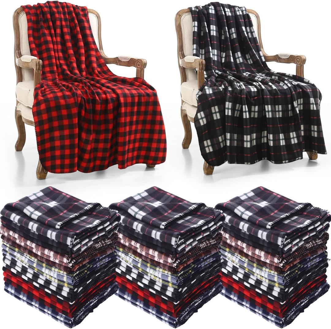 Geyoga 18 Pack Fleece Blankets Bulk 60 x 50 Inches Plaid Throw Blankets Bulk for Couch Bed Sofa