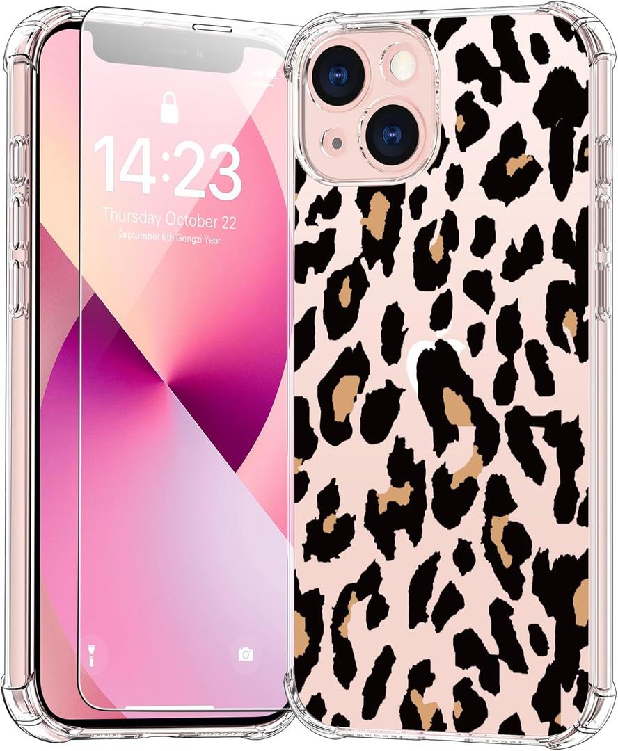 bicol for iPhone 13 Case with Screen Protector,Enhanced Camera Protection,Clear TPU Cover with Trendy Designs for Girls Women,Slim Fit Protective Phone Case,Cheetah Leopard Print