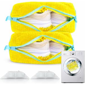 Shoe Washing Machine Bag, 2 Pack  Reusable, Fits All Shoe Types, 360 Deep Cleaning with Self-Locking Zipper, Wash Two Pairs at Once, Protects Shoes and Washing Machines(Yellow)