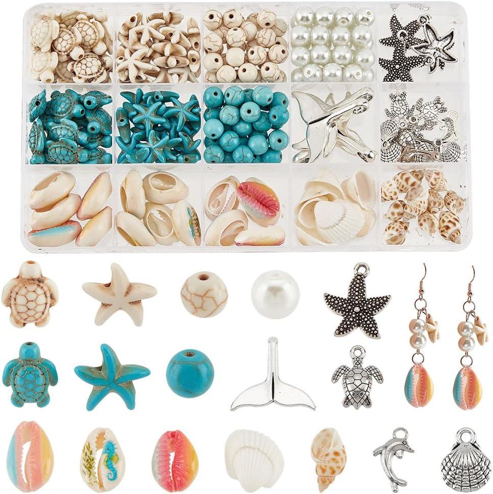 PH PandaHall 208pcs 15 Styles Summer Beach Beads Sea Shell Beads Sea Star Pendants Tortoise Charms Ocean Animal Spacer Beads for Bracelets Earrings DIY Jewelry Making Home Decor Macrame (Beige)