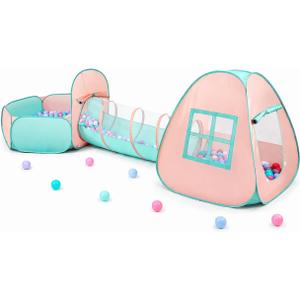 3 in 1 Pop Up Kids Play Tent with Tunnel and Ball Pit for Kids, Boys, Girls, Babies and Toddlers, Indoor/Outdoor Playhouse,Orange Pink/Light Green