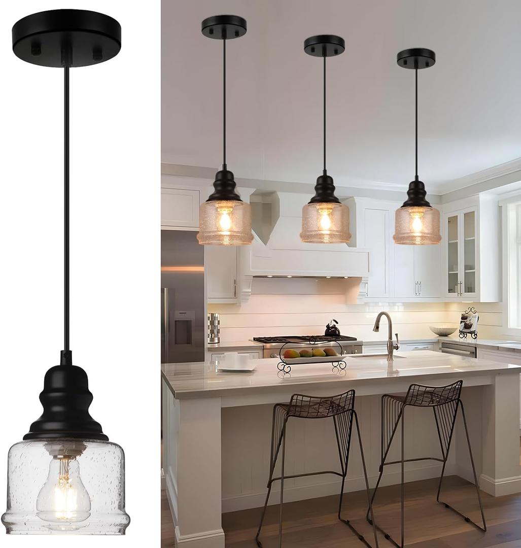 WILON Industrial Pendant Light, 4'' Black Seeded Glass, Farmhouse Kitchen Island Lighting, Adjustable Ceiling Light for Dining Room, E26 Bulb Base, Dimmable