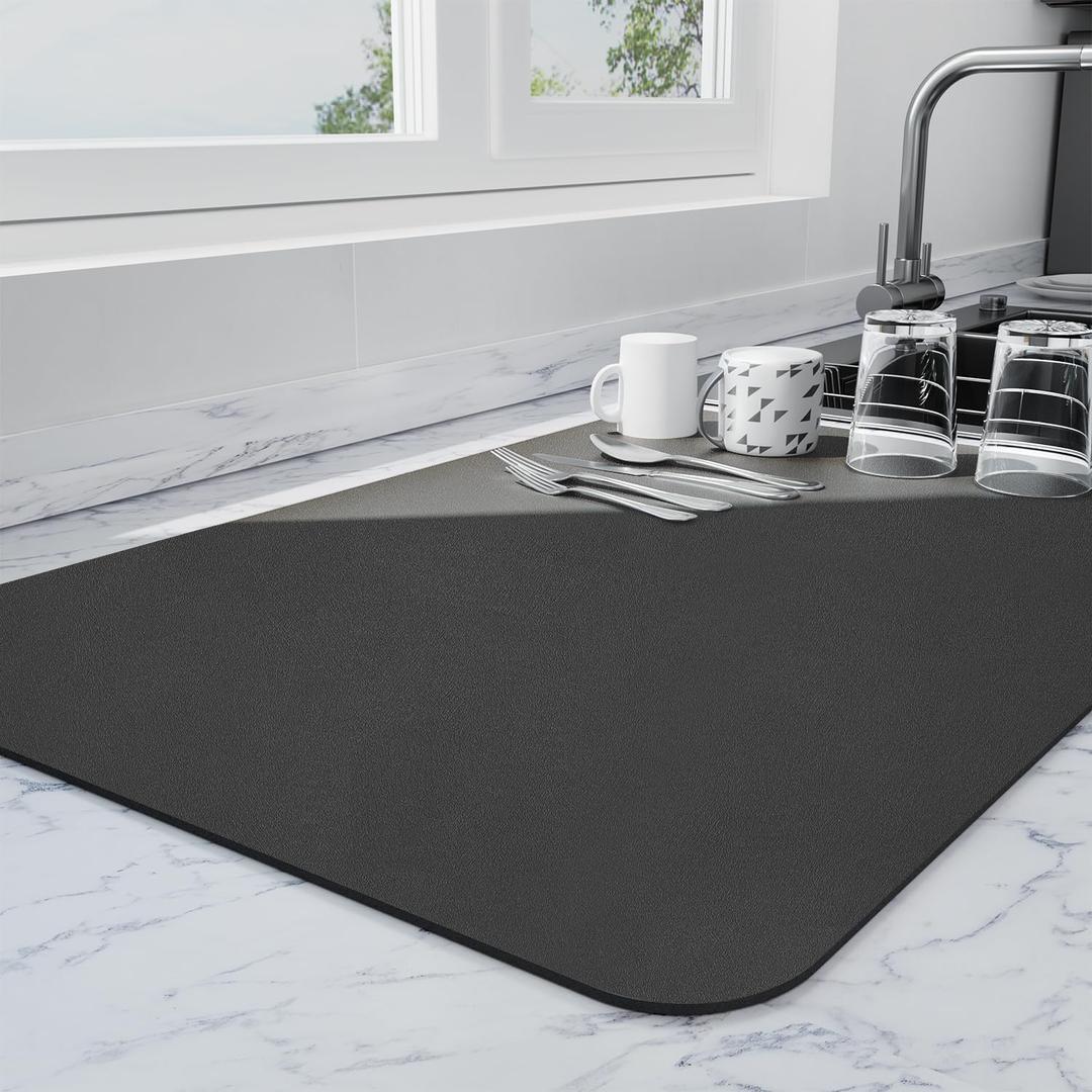 Ecotrim - Dish Drying Mat for Kitchen Counter | Coffee Bar Mat for Countertops | Heat Resistant Drainer Mat with Non-slip Rubber Backed | Hide Stain Kitchen Absorbent Draining Mat | Black 16"x18"