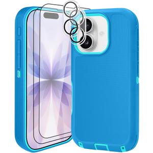 for iPhone 17 Case (6.3"), with 2 Tempered Glass Screen Protector [Heavy Duty Military-Grade Full Body Drop Protection] Shockproof Tough Durable 6.3 InchBlue+Lens