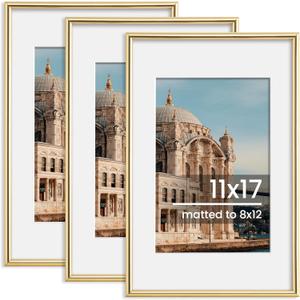 11x17 Picture Frame, Display Pictures 8x12 with Mat or 11x17 Without Mat, Wall Hanging Photo Frame, Gold, 3 Pack