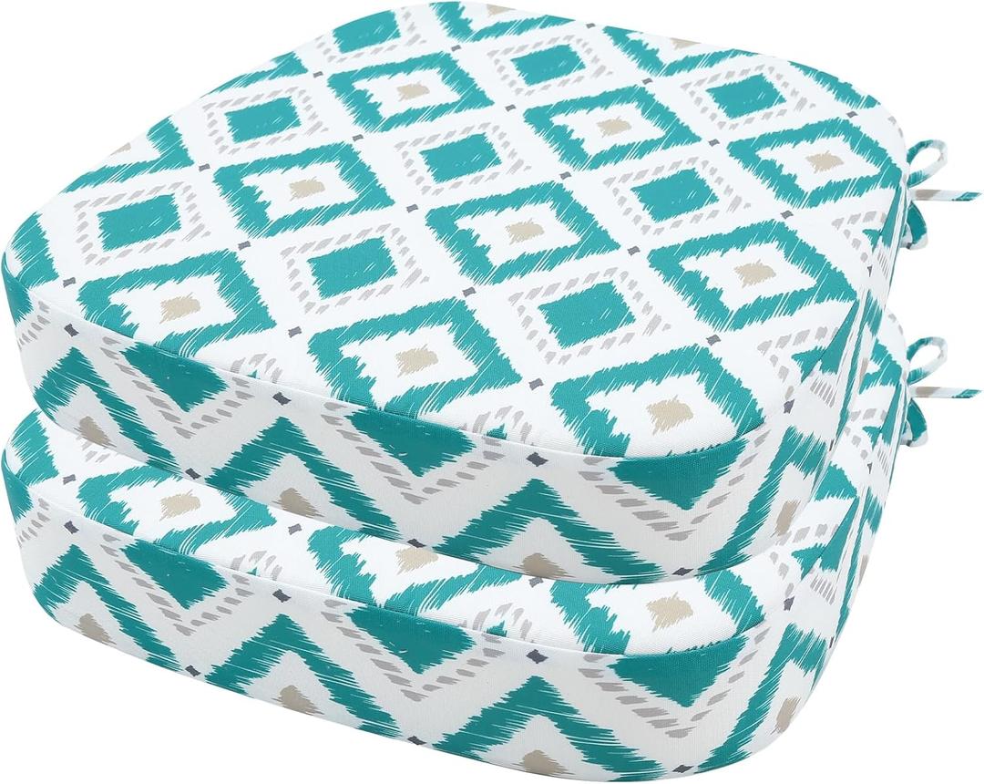 idee-home Outdoor Chair Cushions Set of 2, 17" x 17" x 3" Thick D-Shaped Patio Furniture Outdoor Seat Cushions Waterproof with Ties, Dining Pads (Rhombus Peacock Blue)
