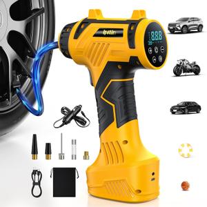 Tire Inflator Portable Air Compressor Built in  - Corded/Cordless Tire Inflator -   & 12V DC, Faster Inflation Handheld Air Compressor, 160PSI Air Pump for Car, SUV, Moto (Yellow Black)