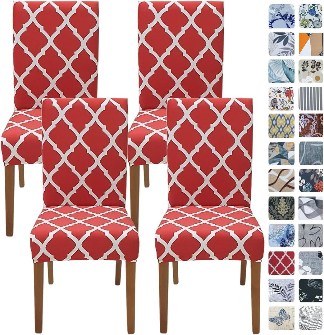 SPRINGRICO Chair Covers for Dining Room Set of 4, Stretch Dining Chair Cover, Washable Spandex Kitchen Parsons Chair Slipcovers, Removable Seat Protector for Home or Party (4 Pack, RED ZEO)