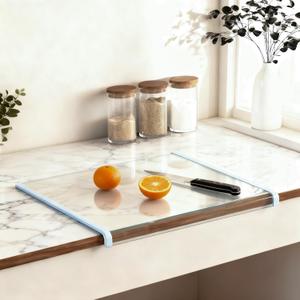 New & Improved Clear Tempered Glass Cutting Board for kitchen with Counter Lip, Large Cutting Board, Glass Chopping Board, Scratch-Resistant, Non-Slip (Blue)