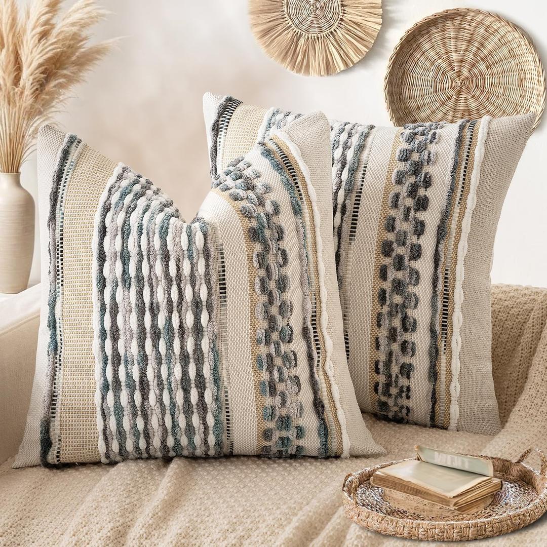 ANRODUO Pack of 2 Boho Decorative Throw Pillow Covers 20x20 Farmhouse Cushion Case Striped Chenille Pillow Cases Square Pillow Covers Accent Neutral Pillowcase for Sofa Couch Bed, Gray Blue Stripe