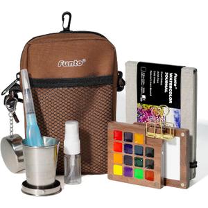 Funto Mini Watercolor Paint Set, All-in-One Walnut Wood 15-Color Premium Pocket Travel Paint Kit, with Crossbody Bag,Watercolor Journal, Metal Clip, Paint Water Cup, Water Brush Ideal for Art Lovers