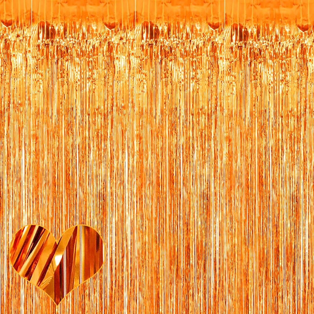 4 Pack Orange Fringe Curtain Backdrop, 3.2Ft x 8.2Ft Metallic Tinsel Foil Fringe Streamers Background for Photo Booth Birthday Wedding Baby Shower Party Thanksgiving Christmas Decorations