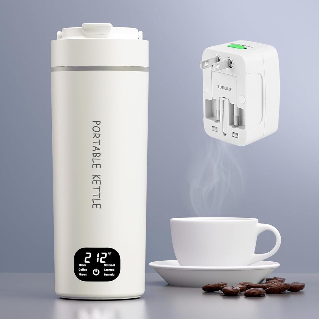 Dual Voltage Portable Electric Kettle Travel Hot Water for Tea, Coffee, 6 Temperature Controls and LCD Display, 316 Stainless Steel and 450ml, Auto Shut Off & Boil Dry Protection, Warm White with Adapter