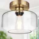 Lynnoland Industrial Semi Flush Mount Ceiling Light Brass, 800 Lumen LED Bulb Included, Clear Glass Shade Ceiling Light Fixture, Light Fixture for Hallway Bathroom Bedroom, Vintage Hanging Lighting