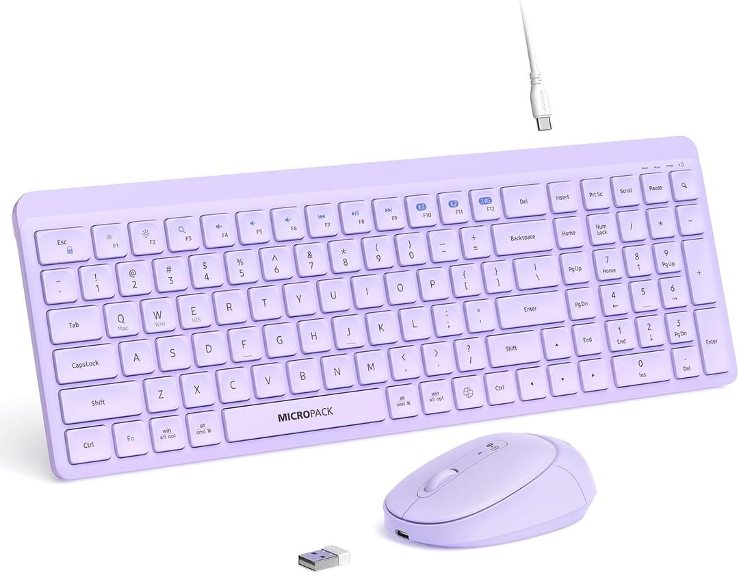 Purple Wireless Keyboard and Mouse Combo for Desktop Mac iPad Bluetooth 2.4 Ghz Rechargeable Slim Silent Click with Number Pad Compatible with Pc, Laptop, Tablet (Purple)