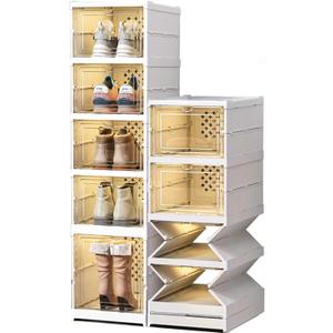 5 Tiers Stackable Shoe Storage Organizer bins open front, Space Saving Shoe Rack Holder Boxes,Moving Cabinet Bins Sturdy, Clear White
