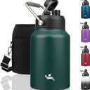 Half Gallon Jug with Handle,64 oz Insulated Water Bottle with Carrying Pouch,Double Wall Vacuum Stainless Steel Metal Bottle,Dark Green