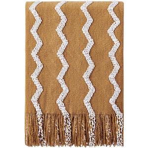 BOURINA Fluffy Chenille Knitted Fringe Throw Blanket Lightweight Soft Cozy for Bed Sofa Chair Throw Blankets, 60" x 80",Mustard
