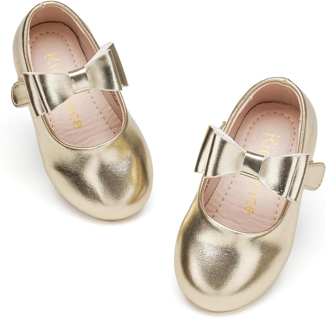 Kiderence Toddler Girls Dress Shoes Little Kids Mary Janes Gold Ballet Flats Toddler 11 (Gold)