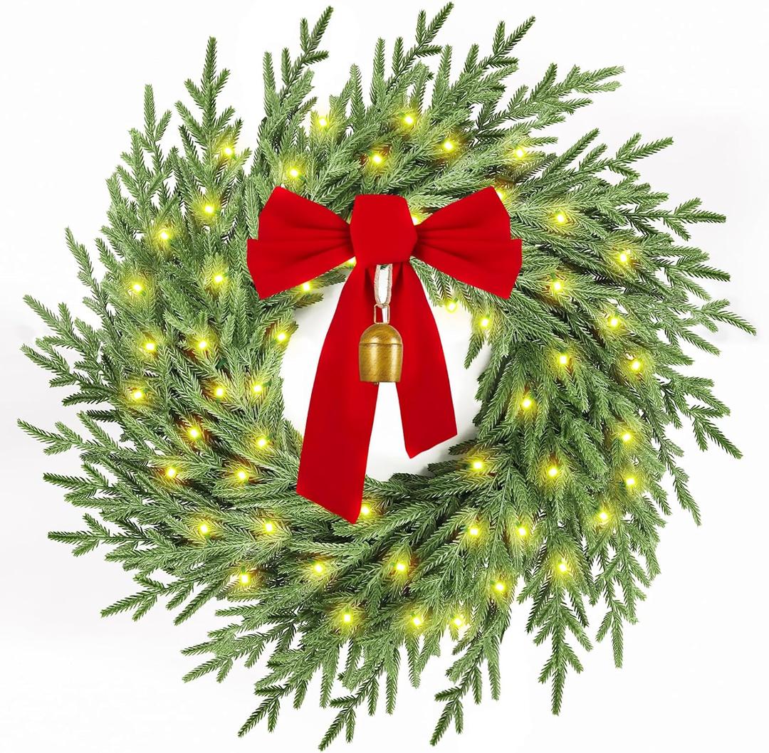 Christmas Wreath with Lights,26" Real Touch Pine Wreath with Bow and Bell, Artificial Christmas Wreaths for Front Door,Outdoor Winter Wreath for Indoor,Wall,Window Festival Decor