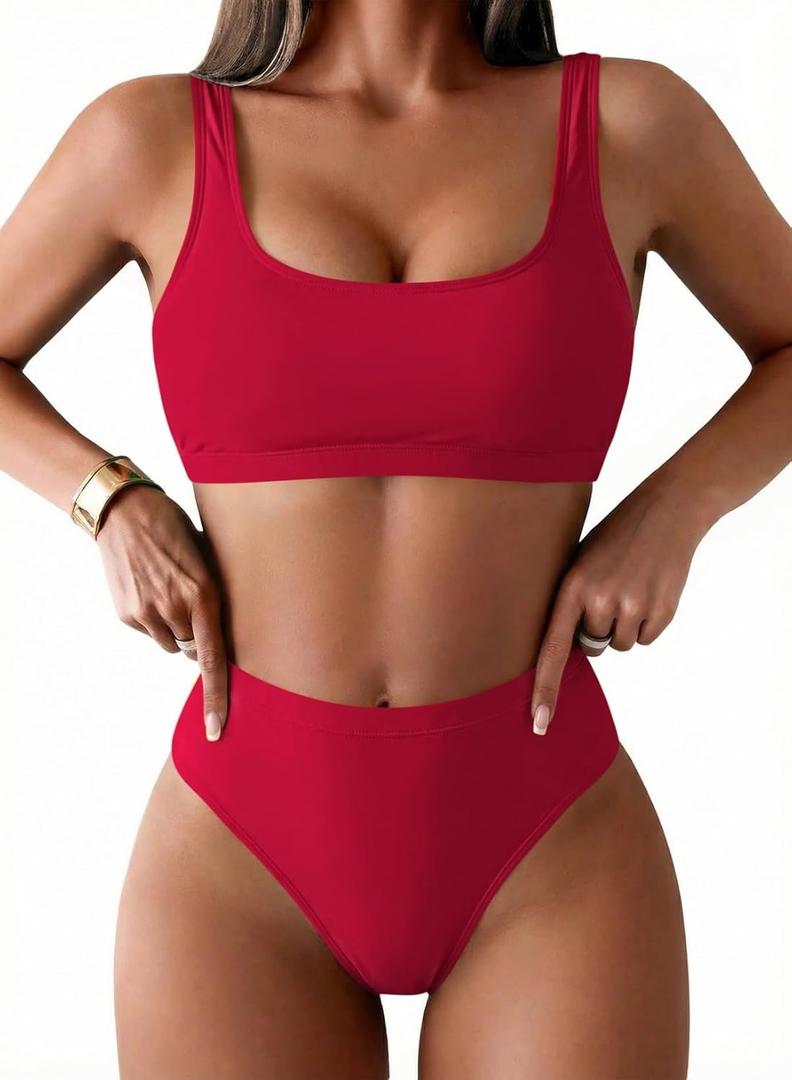 Pink Queen Women's Crop Top High Waisted Cheeky Bikini Set Two Piece Swimsuits (Large, Red)