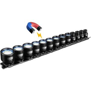 3/8" Drive Magnetic Impact Socket Set, 13-Piece Shallow Socket Set with Storage Rail, Metric Size 7mm-19mm, 6 Point Magnetic Sockets, Cr-Mo Steel