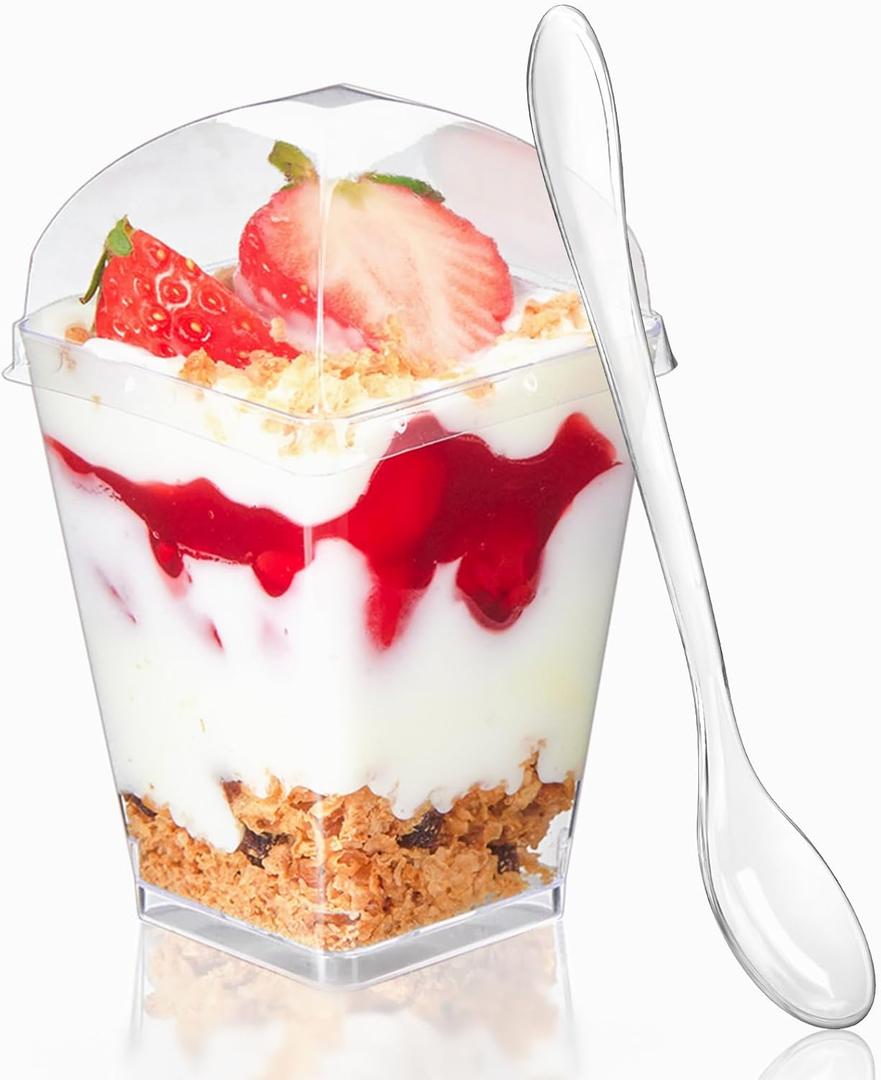TOFLEN 50 Pack 5 oz Clear Square Dessert Cups with Dome Lids and Spoons, Perfect for Parties, Desserts, Appetizers, and More