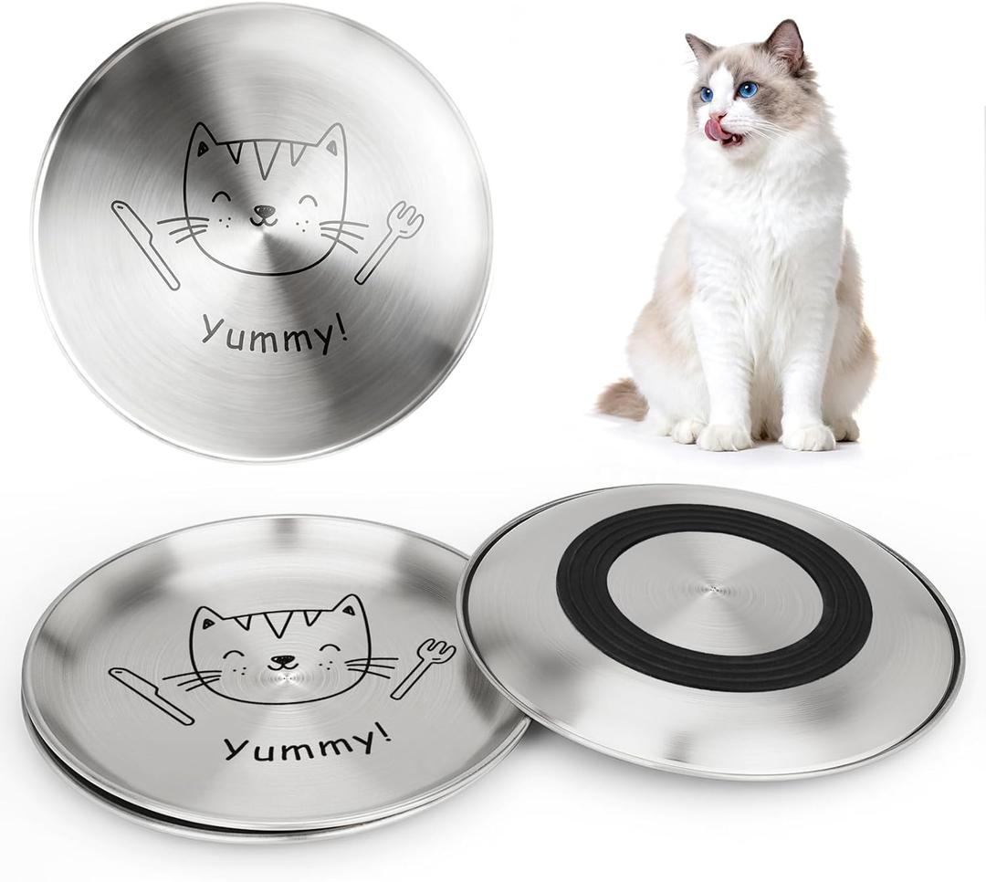 4 Pcs Cat Bowl Stainless Steel Dish - Whisker Friendly Shallow Cat Food Plate with Anti-Slip Base - Easy Clean Feeding Bowls for Indoor Cats, Wet Food (Patterns, Yummy)