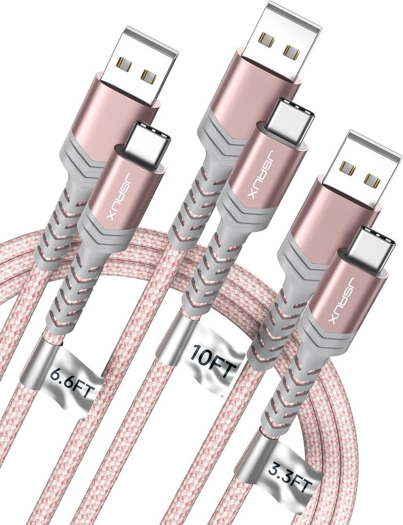 JSAUX USB C Cable Fast Charging, 3-Pack (10ft+6.6ft+3.3ft) USB A to Type C Charge Cord for iPhone 17/17 Pro/17 Pro Max, iPhone 16/16 Pro/16 Pro Max, Samsung Galaxy S24 S22 S20, USB C Charger(Pink) (Rose Gold)