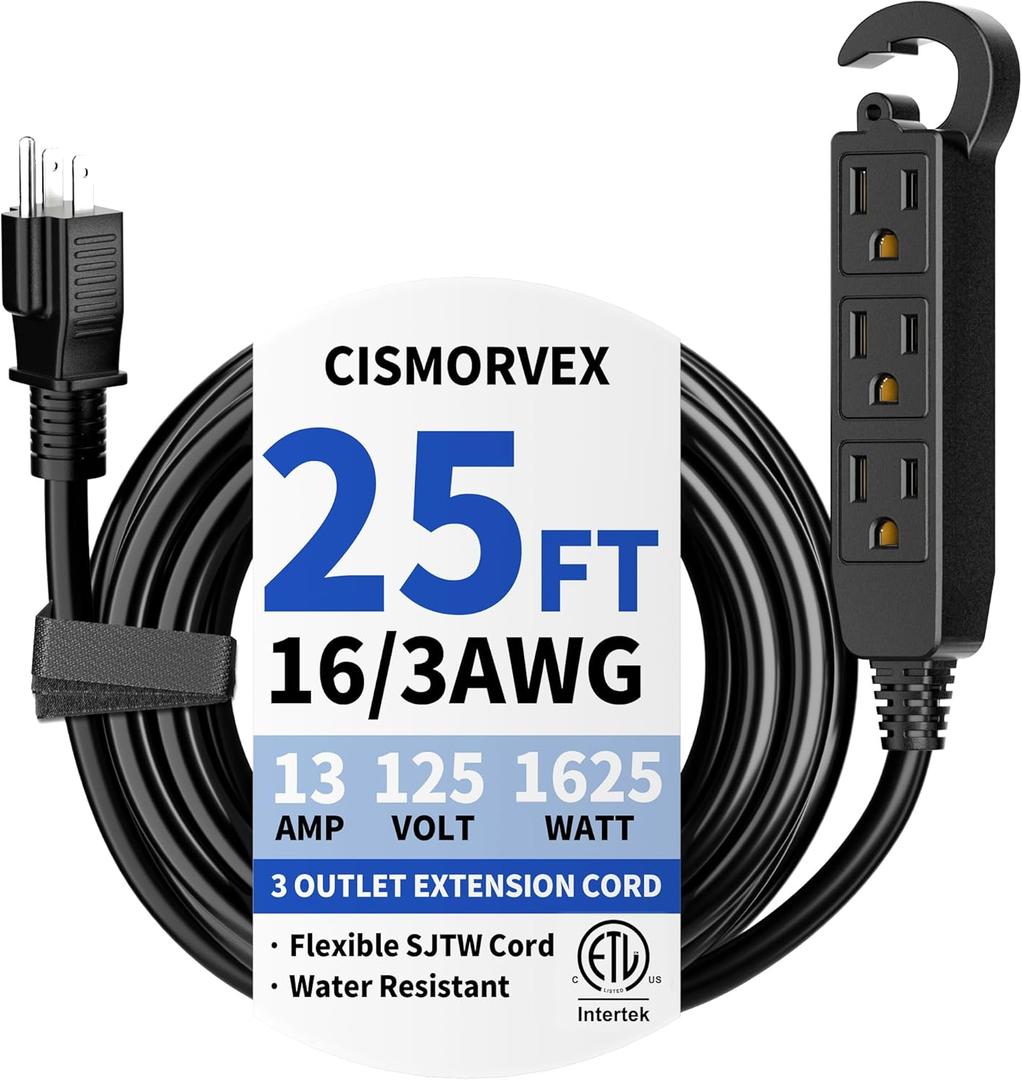 25 Ft 3 Outlet Outdoor Extension Cord Waterproof, Grounded Extension Cord with Multiple Outlets, 16/3 AWG 3 Prong Power Strip for Garden, Patio, Camping, 13A 125V 1625W, ETL Listed, Black