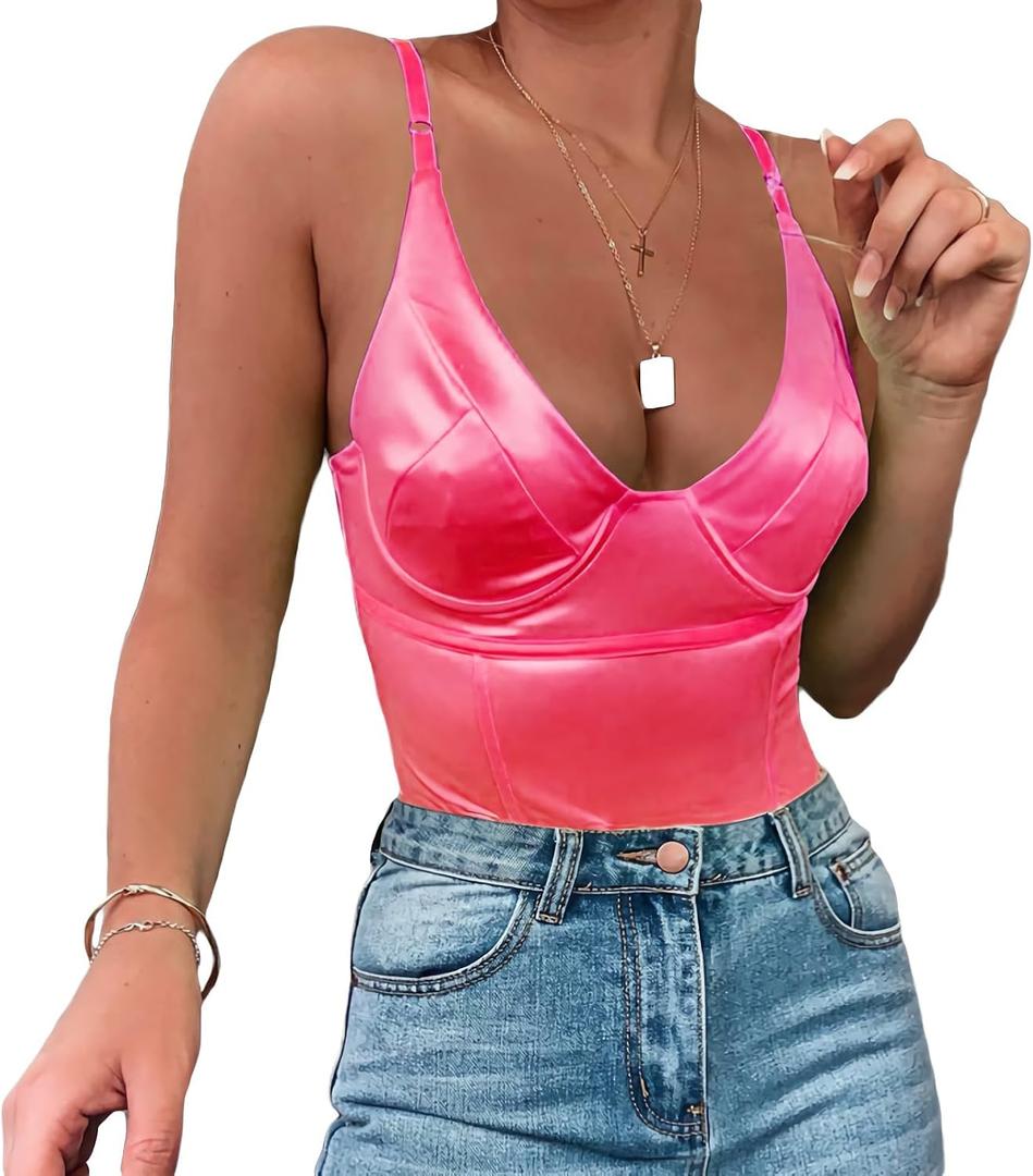 Velius Women's Sexy Deep V Neck Shiny Thong Bodysuit Tank Tops with Underwire (Neon Rose, X-Large)