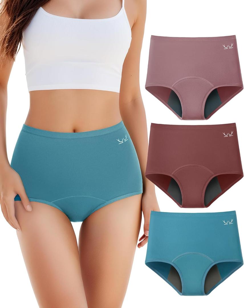 TANSTC Period Underwear for Women Heavy Flow Leakproof Panties Soft Fit Teens High Waisted Menstrual Panties-3 Pack (Large, Lotus Root Pink/Date Red/Turquoise Green)