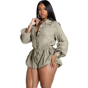 Tbahhir Women Summer Rompers Drawstring Long Sleeve Bubble Cargo Shorts Jumpsuit Casual One Piece Outfits Overalls (Large, Light Grey)