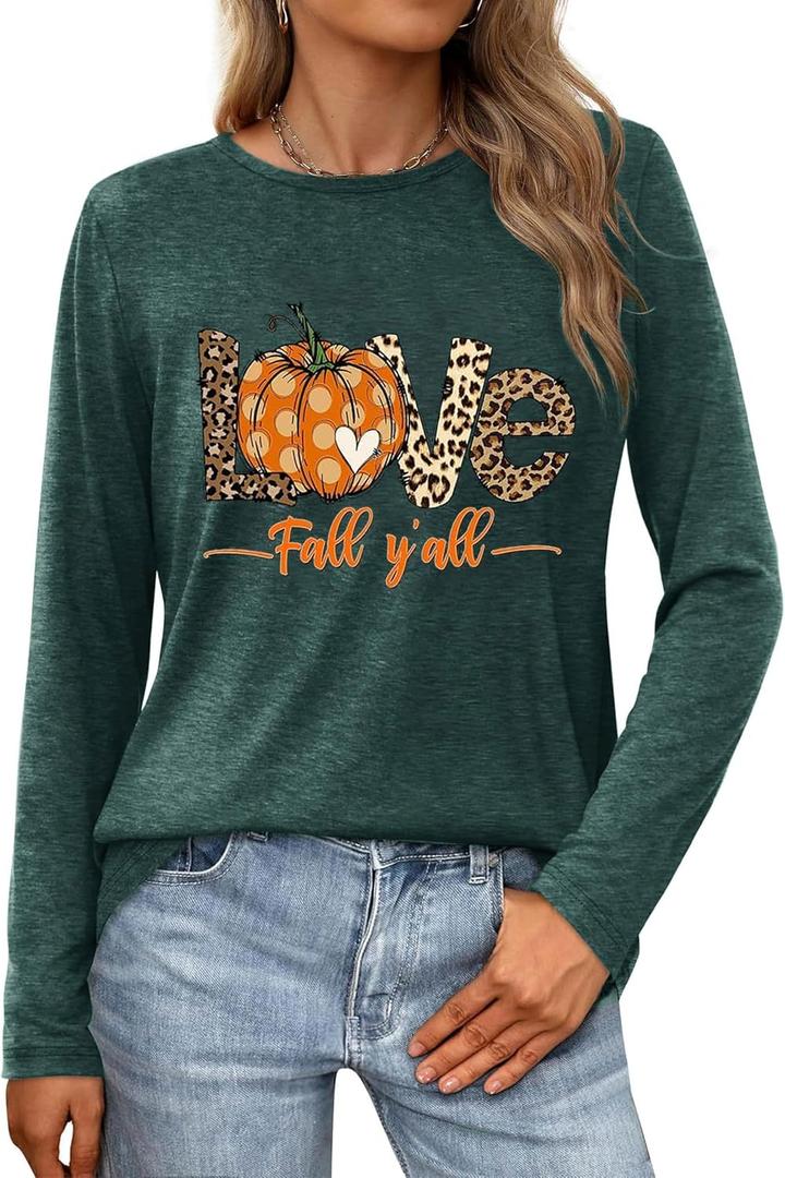 TOTWOW Fall Long Sleeve Shirts Women Family Halloween Thanksgiving Tops Casual Thankful Pumpkin Turkey Graphic Tees (Large)