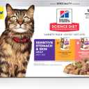 Hill's Science Diet Sensitive Stomach & Skin, Adult 1-6, Stomach & Skin Sensitivity Support, Wet Cat Food, Variety Pack: Chicken & Beef; Salmon & Tuna Stew, 2.8 oz Pouch Variety Pack, Case of 12, BB NOV 18 2026