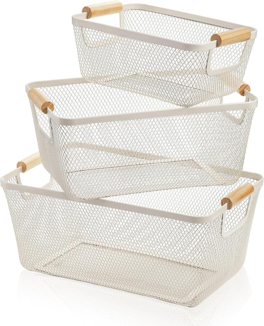 Noamus 3 Pack Metal Mesh Baskets with Wood Handle, Iron Storage Organizer Basket, Cream White Wire Countertop Baskets for Organizing, Cabinet Pantry Closet Bedroom Kitchen (3 Size)