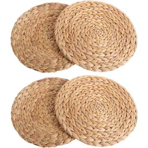 kilofly Natural Water Hyacinth Weave Placemat Round Braided Rattan Tablemats 11.8 inch x 4pc