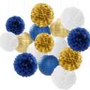 Navy-Blue Gold Party-Decorations Paper-Flowers Lanterns - 15PCS Royal White Baby Bridal Shower Tissue Pom Poms Streamers, Bachelorette Birthday Wedding Graduation Hanging Supplies Decor Hugfond