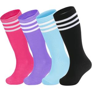 Zando 4 Pairs Kids Soccer Socks Baseball Softball Youth Athletic Boys Girls Knee High Socks (10-12 Years, Blue/Purple/Pink Black)