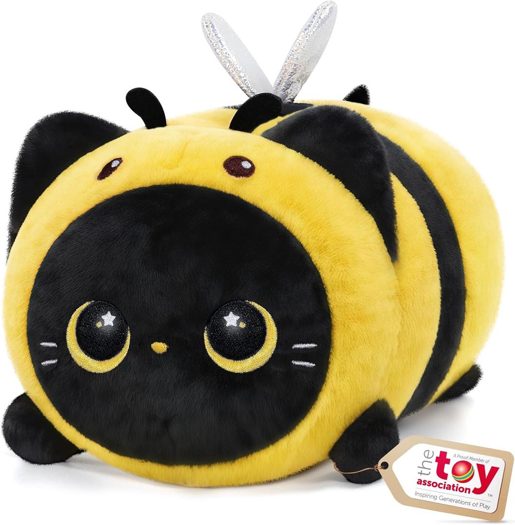 Mewaii Cute Black Cat Bee Plush Pillow, Kawaii Plushies Bee Stuffed Toy, Kitten Plushies with Honeybee Outfit Costume, Soft Squishy Bee Gift for Girls & Kids (8 Inch)