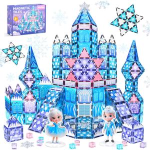 Magnetic Tiles Building Toys Set with 2 Dolls, Princess Castle Magnetic Blocks for Kids Ages 3-5 4-8, STEM Educational Sensory Magnet Toys Birthday Gifts for Toddlers Girls Boys