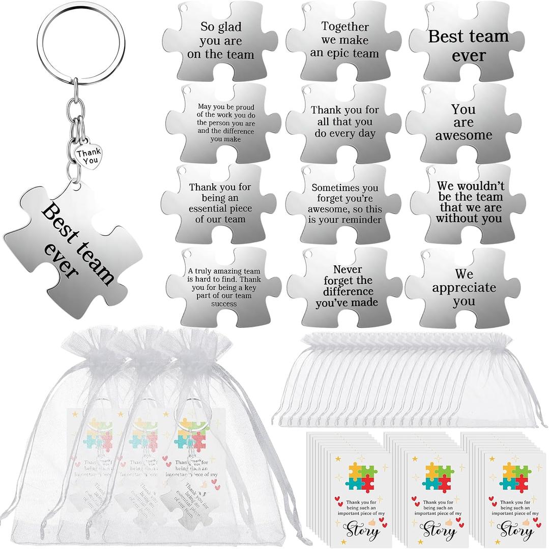 Tondiamo 12/24/36 Set Metal Team Appreciation Gift for Employee Staff Bulk Thank You Team Puzzle Piece Keychain with Card Bag