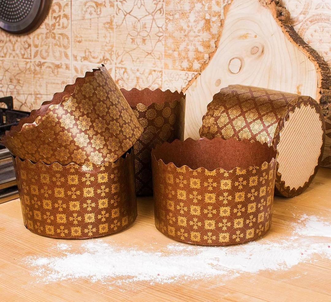 15 oz Panettone Paper Mold Standard | 12 Pack | Brown Round Non Stick Panettone Paper Baking Molds - Brown Standard Design W 5.1 x H 3.35-In (Large)