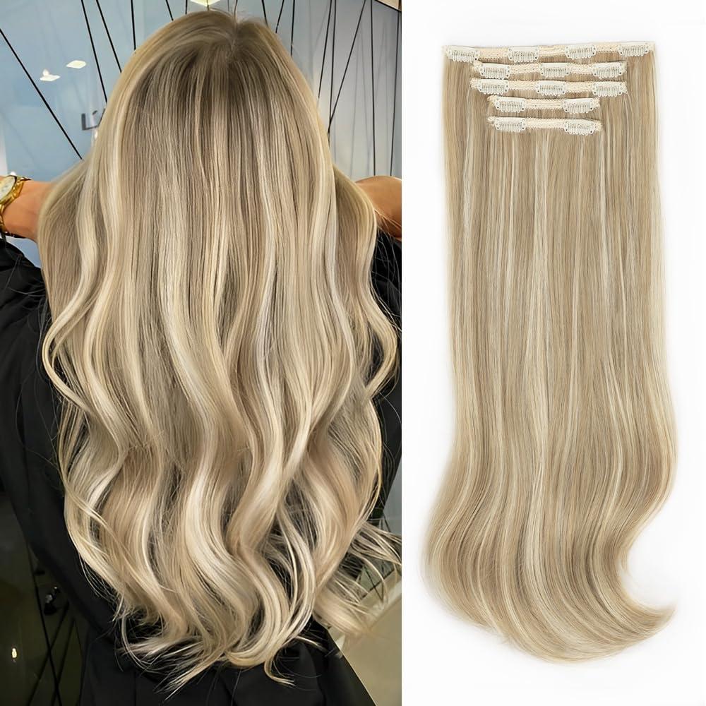 ALXNAN Clip in Hair Extensions - Thick Long Straight Layered Hair Extensions, Dirty Blonde Mixed Bleach Blonde, 20 Inch Soft Lace Weft