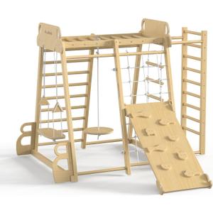 BlueWood Upgraded Indoor Jungle Gym 9-in-1 Playground Kids Climbing Toys, Waldorf Style Wooden Climber Playset with Slide, Swing, Monkey Bars, Upright/Rope Ladder, Climb Net, Natural Wood