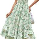 GRACE KARIN Women's 2025 Summer Floral Boho Dress Square Neck Strapped Swing A Line Sundress Beach Long Maxi Outfits (Green White) S
