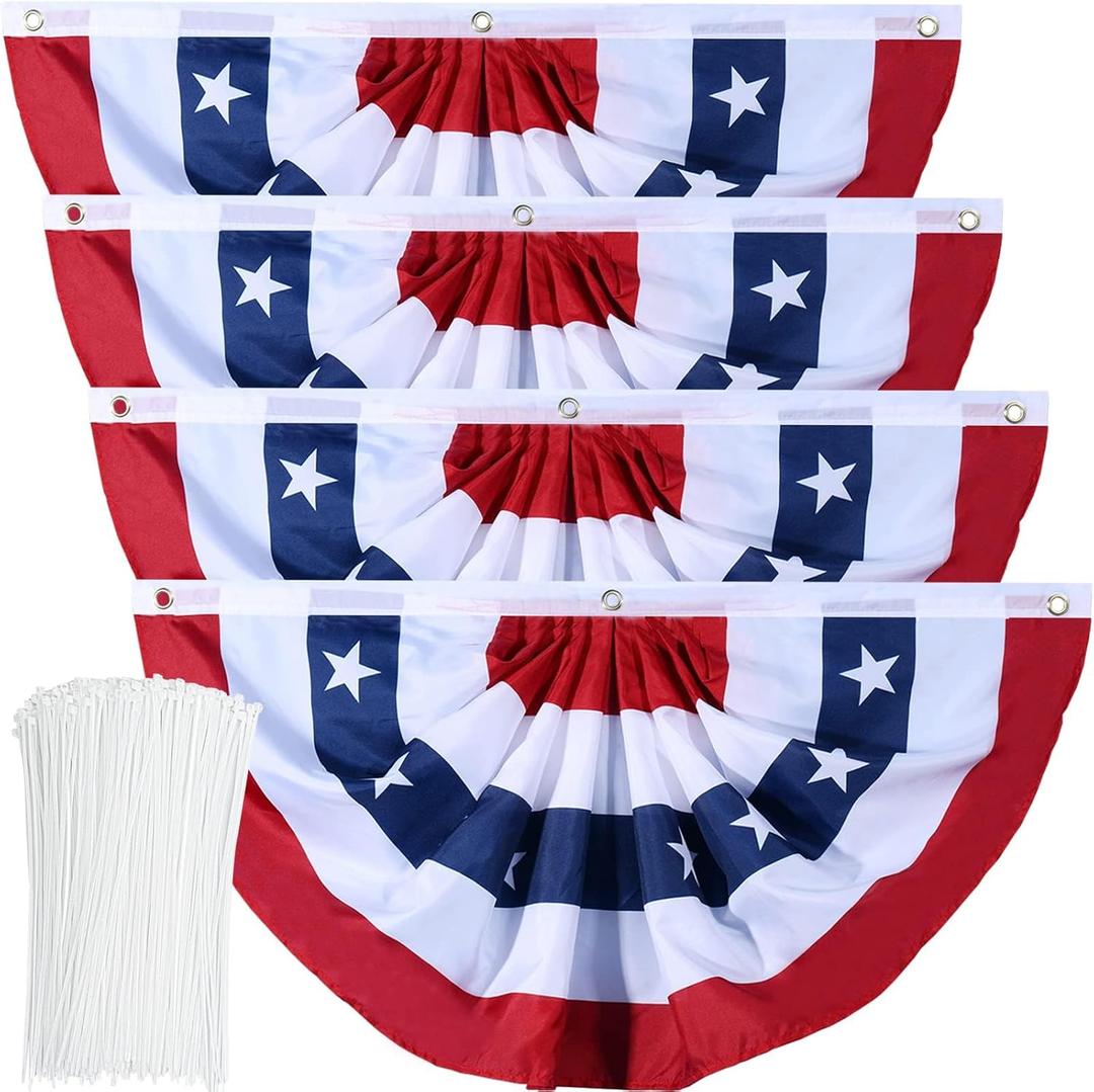 American Flag Bunting Patriotic Pleated Fan Flag USA Flags with Brass Grommets and Zip Ties for 4th of July Memorial Day Decoration Outdoor (4, 3x6 Feet)